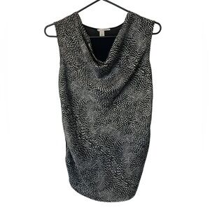 Halogen Top Women XS Black White Satin Animal Print Sleeveless Blouse Sheer Back